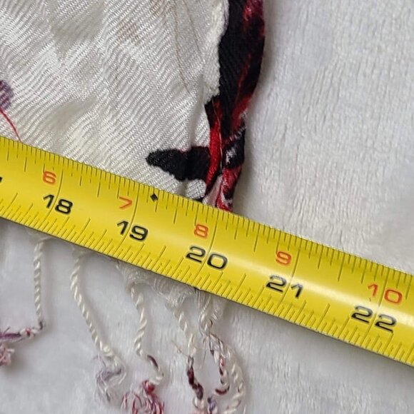 Womens Scarf Shawl Wrap White Floral with Red Black Birds Tassels Rayon - Picture 5 of 10